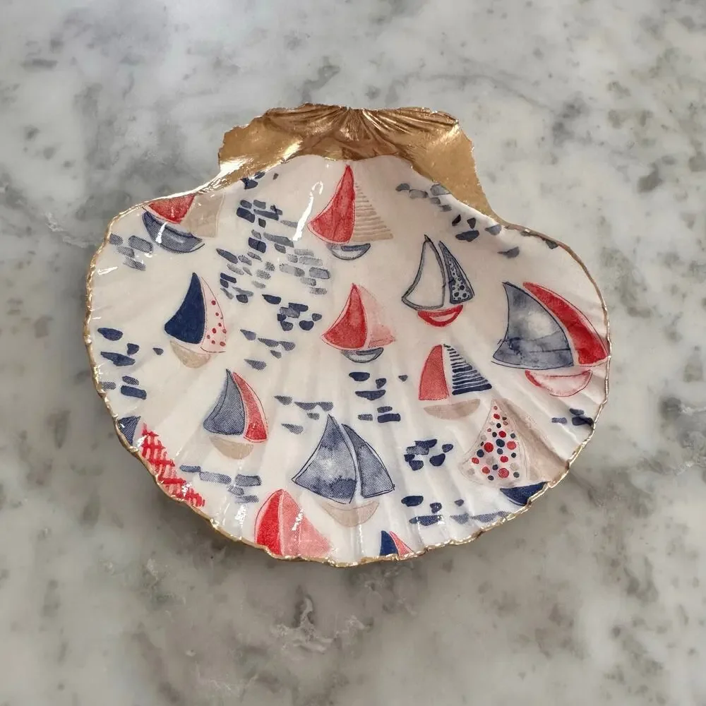 Sailboat Shell Trinket Dish, Nautical Ring Holder, Beach Decor